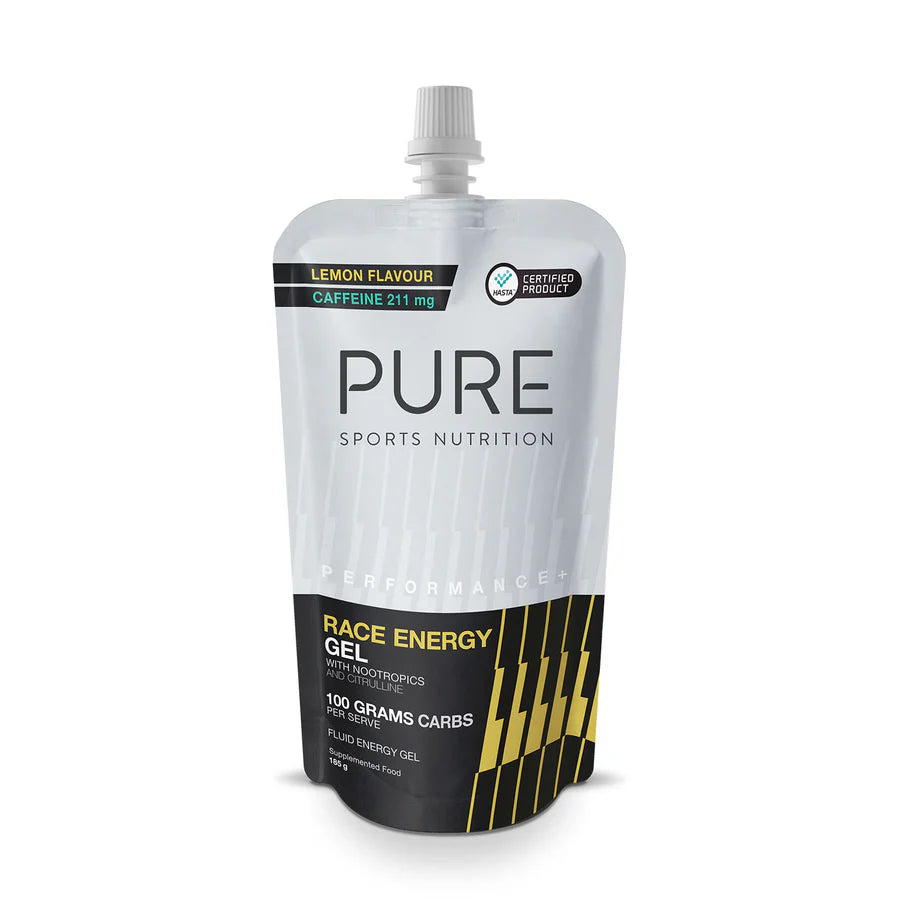 PURE Performance Plus Race Energy Gel 185g Pouch Lemon + Caffeine sing ...