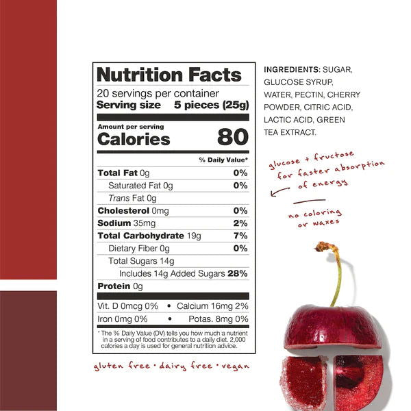 SKRATCH Energy Chew Sport Fuel 50gr Sachet Sour Cherry (caffeinated) single - Sticky Bottle